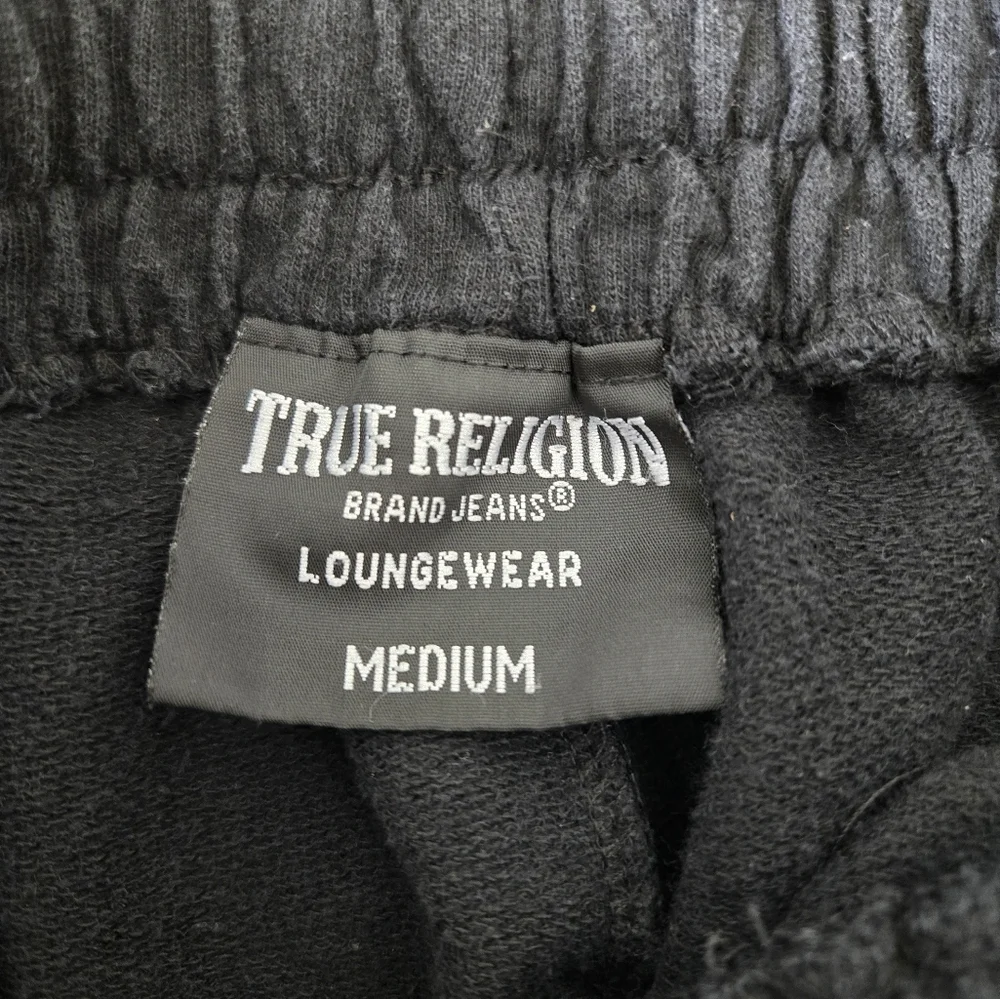 True Religion Mens Sweatpants Joggers Medium Gold HORSESHOE Logo Black Cuffed‎